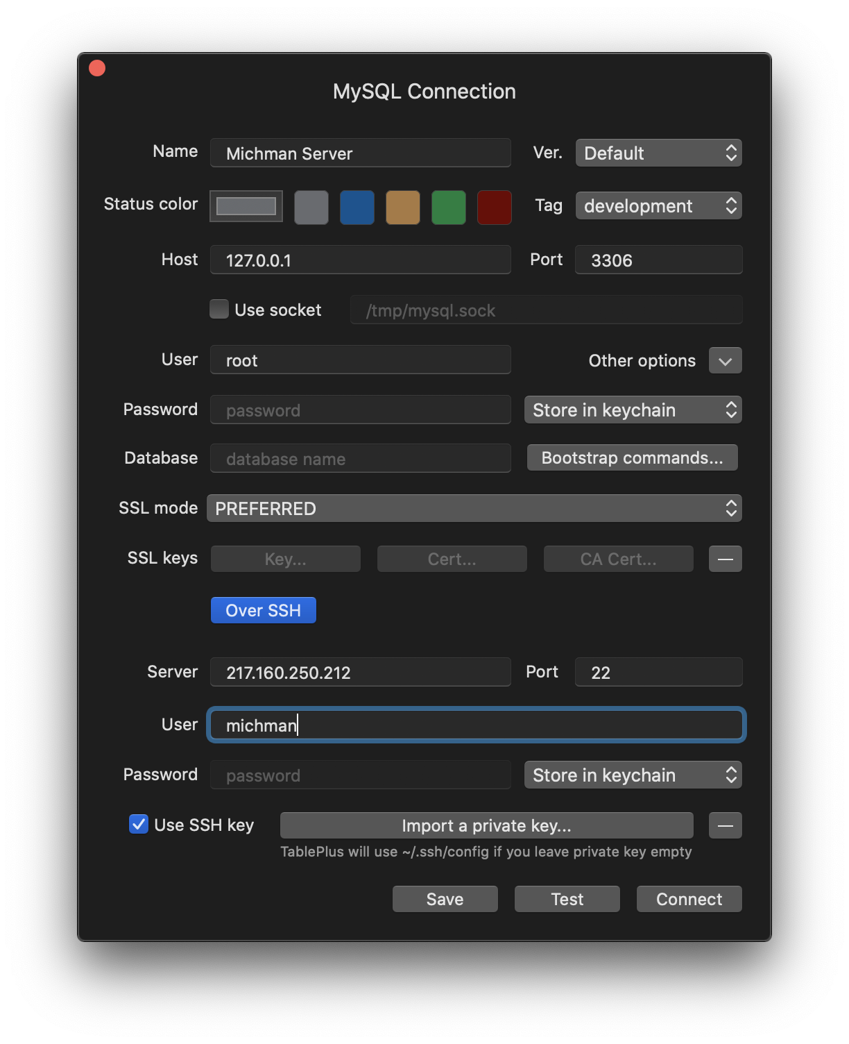 TablePlus SSH Connection Example